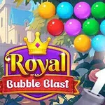 Färgglada bollar i olika rader mot en bakgrund med träd och byggnad, med titeln Royal Bubble Blast bredvid