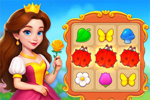 Prinsessa med krona och gul ros bredvid ett spelbräde med löv, fjärilar, nyckelpigor, svampar, och blommor