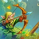 Alv med pilbåge riktar en blå pil mot en grön trollkrigare med hornhjälm och spira, omgivna av natur och en fjäril