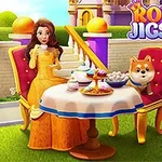 Kvinna i gul klänning och en hund sitter vid ett bord med te och kakor framför ett slott