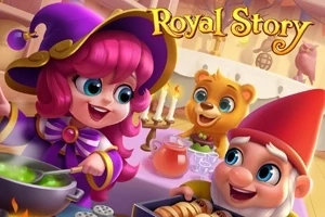 Royal Story Tecknad scen med en glad hÀxa som lagar mat, en leende björn och en tomte i ett fÀrgglatt kök