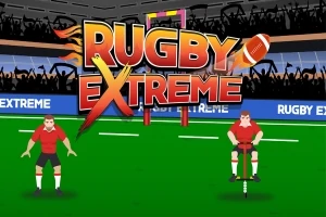 Två tecknade rugbyspelare i röda tröjor står på en grön plan med texten Rugby Extreme i bakgrunden
