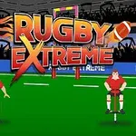 Två tecknade rugbyspelare i röda tröjor står på en grön plan med texten Rugby Extreme i bakgrunden