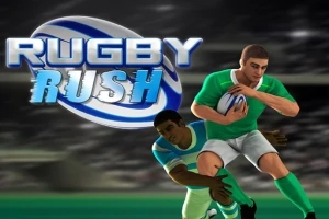 Två rugbyspelare på en stadion, den ena i grönt, som springer med en rugbyboll medan den andra i blått försöker tackla honom, med en stor text som säger Rugby Rush ovanför