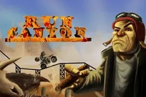 En man med en cigarr i handen står bredvid en bil som kör över en bro i en öken, med texten Run Canyon ovanför