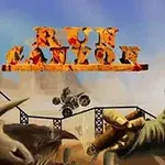 En man med en cigarr i handen står bredvid en bil som kör över en bro i en öken, med texten Run Canyon ovanför