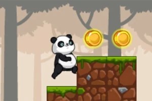 En panda som hoppar på en plattform med två guldfärgade mynt i en skogsmiljö