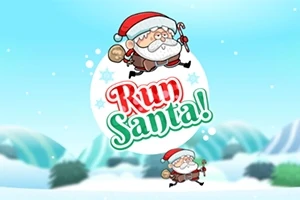 Tecknad jultomte som hoppar med en godisstång och säck, med texten Run Santa!