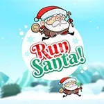 Tecknad jultomte som hoppar med en godisstång och säck, med texten Run Santa!