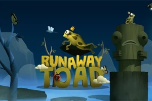 En groda med krona hoppar över bokstäverna i RUNAWAY TOAD mot en mörk bakgrund med träd och en staty