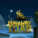 En groda med krona hoppar över bokstäverna i RUNAWAY TOAD mot en mörk bakgrund med träd och en staty