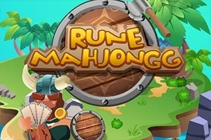 En illustration med texten Rune Mahjongg i gula bokstäver, omgiven av en ö med tropiska träd och vikingatema