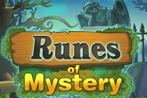 Texten Runes of Mystery på en träskylt mot en mystisk bakgrund med staty och träd