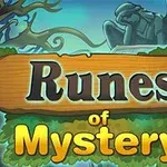 Texten Runes of Mystery på en träskylt mot en mystisk bakgrund med staty och träd