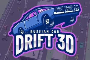 Illustration av en blå bil som svävar över texten Russian Car Drift 3D med en stadsmiljö i bakgrunden