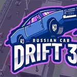 Illustration av en blå bil som svävar över texten Russian Car Drift 3D med en stadsmiljö i bakgrunden