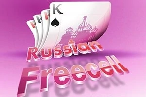 Tre spelkort med den ryska domkyrkan i bakgrunden och texten Russian Freecell på rosa bakgrund