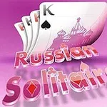 Fyra spelkort med en illustration av en rysk byggnad mot en rosa bakgrund, med orden Russian Solitaire i förgrunden
