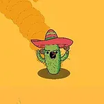 Tecknad grön kaktus med ansikte och rosa sombrero mot en orange bakgrund