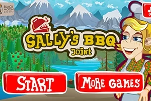 Tecknad bild av en kvinna bredvid texten Sallys BBQ Joint med en bakgrund av berg och skog samt knapparna Start och More Games