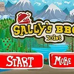 Tecknad bild av en kvinna bredvid texten Sallys BBQ Joint med en bakgrund av berg och skog samt knapparna Start och More Games