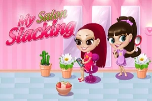Två tecknade flickor i en rosa frisörsalong med blommor och speglar i bakgrunden