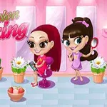 Två tecknade flickor i en rosa frisörsalong med blommor och speglar i bakgrunden
