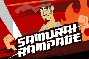 Tecknad samuraj med beslutsam blick och ett svärd, i en stark röd-orange bakgrund med eldslågor och texten SAMURAI RAMPAGE