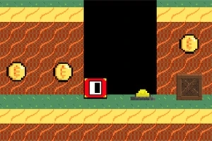 Retroinspirerad pixelgrafik med en väg av bruna och gröna block, guldmynt, en röd och vit fyrkant med siffran noll, och en trälåda