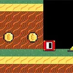 Retroinspirerad pixelgrafik med en väg av bruna och gröna block, guldmynt, en röd och vit fyrkant med siffran noll, och en trälåda