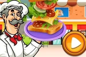 Kock med mustasch håller en tallrik med en smörgås som består av bröd, ost, sallad, korv och skivad tomat framför ett byggnad med ett stort play-knapptecken
