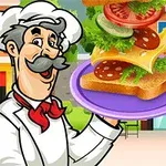 Kock med mustasch håller en tallrik med en smörgås som består av bröd, ost, sallad, korv och skivad tomat framför ett byggnad med ett stort play-knapptecken