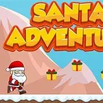 Tomte går på snötäckt mark med presenter i bakgrunden och en grön gran framför berg och himmel, med texten Santa Adventure ovanför