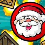 Tecknad bild av en glad jultomte inuti en röd cirkel med explosioner och trälådor runtomkring