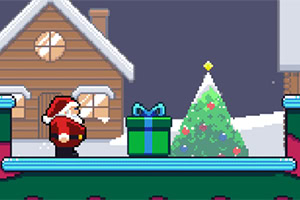 Tomte i en pixelgrafikvärld med ett hus, en julgran och en stor present