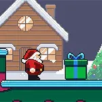Tomte i en pixelgrafikvärld med ett hus, en julgran och en stor present
