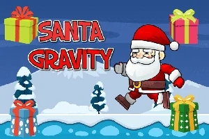 Tomte springer på snötäckt mark omgiven av julklappar, med texten Santa Gravity