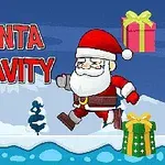 Tomte springer på snötäckt mark omgiven av julklappar, med texten Santa Gravity
