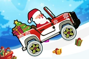 Tomte i röd bil med julklappar och dekorerade hjul på en snötäckt väg