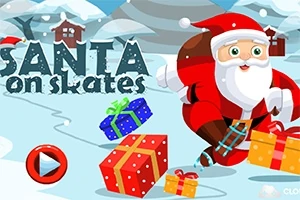 Tomte i röda kläder som åker skridskor med presenter på snöig vinterbakgrund