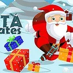 Tomte i röda kläder som åker skridskor med presenter på snöig vinterbakgrund