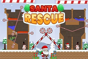Julmotiv med tomtar, snögubbar och presenter framför stora bokstäver som bildar orden Santa Rescue