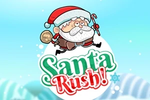 Tecknad jultomte med säck och godiskäpp ovanför texten Santa Rush!