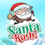 Tecknad jultomte med säck och godiskäpp ovanför texten Santa Rush!