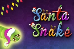 Tecknad orm med tomteluva på vänster sida och färgglad text som säger Santa Snake med juldekorationer, mot en lila bakgrund med julbelysning