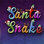Tecknad orm med tomteluva på vänster sida och färgglad text som säger Santa Snake med juldekorationer, mot en lila bakgrund med julbelysning