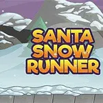 Tomte springer genom ett snötäckt landskap med texten Santa Snow Runner i bakgrunden