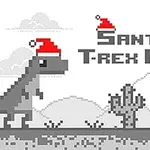 Pixelkonstbild av en T-rex med tomteluva som springer bredvid en kaktus, med texten Santa T-rex Run