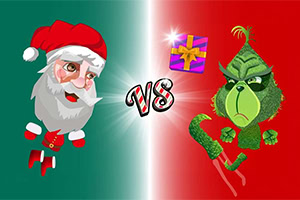 Tomte och grön varelse står mot varandra med texten VS och en julklapp i mitten