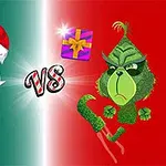 Tomte och grön varelse står mot varandra med texten VS och en julklapp i mitten